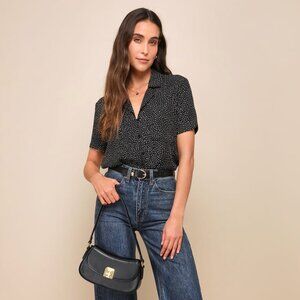 Lulus Good Luck Charm Black Polka Dot Short Sleeve Button-Up Top